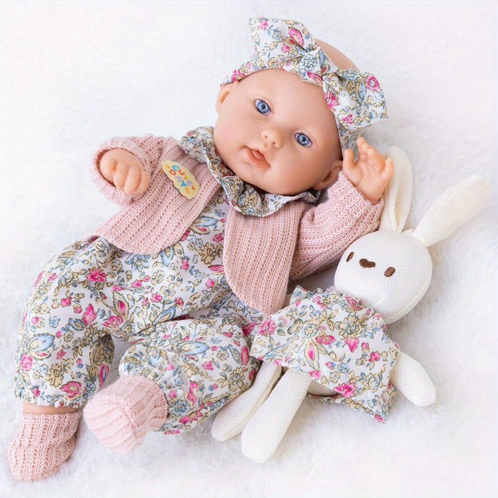 Floral Dress Baby Doll 12 Inch with Rabbit Plush Toy Gift Set, Realistic Vinyl Doll with Floral Outfit