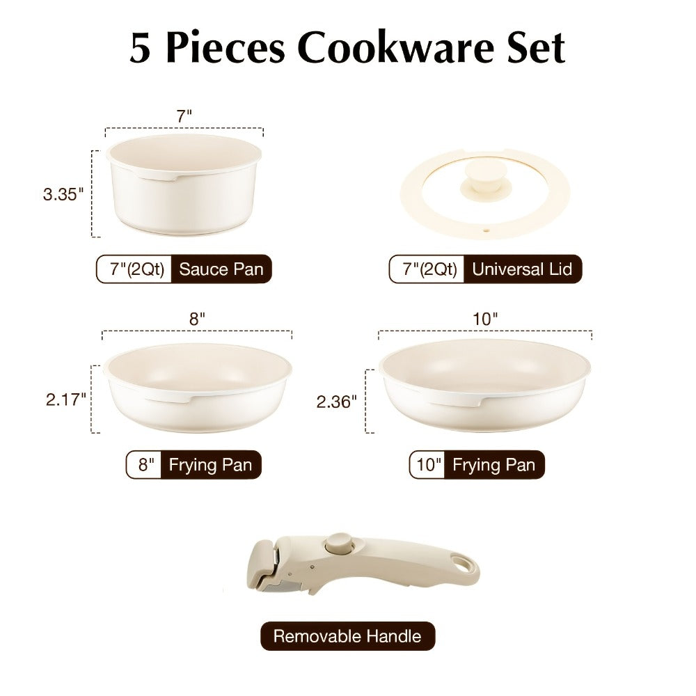Cookware Set IKTU 5-Piece Detachable-Handle Aluminum Pots and Pans in White, Pink, Beige or Coral Pink