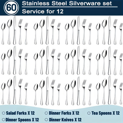 Stainless Steel Silverware Set 20 or 60 Piece – Heavy Duty Commercial Grade, Dishwasher Safe, Rust-Proof & Non-Toxic Bulk Kitchen Tableware
