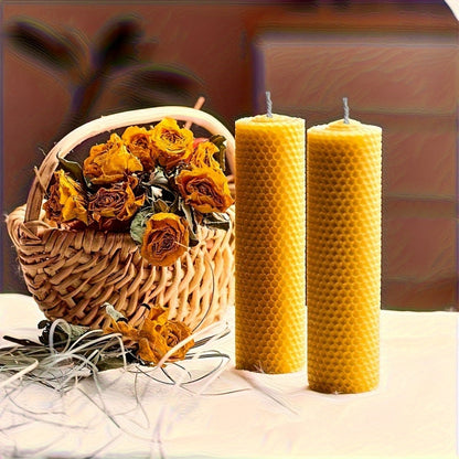 Honeycomb Beeswax Pillar Candles, 10cm by 3.5cm in Yellow, Purple, Red or Blue with Single or Eight-Piece Options