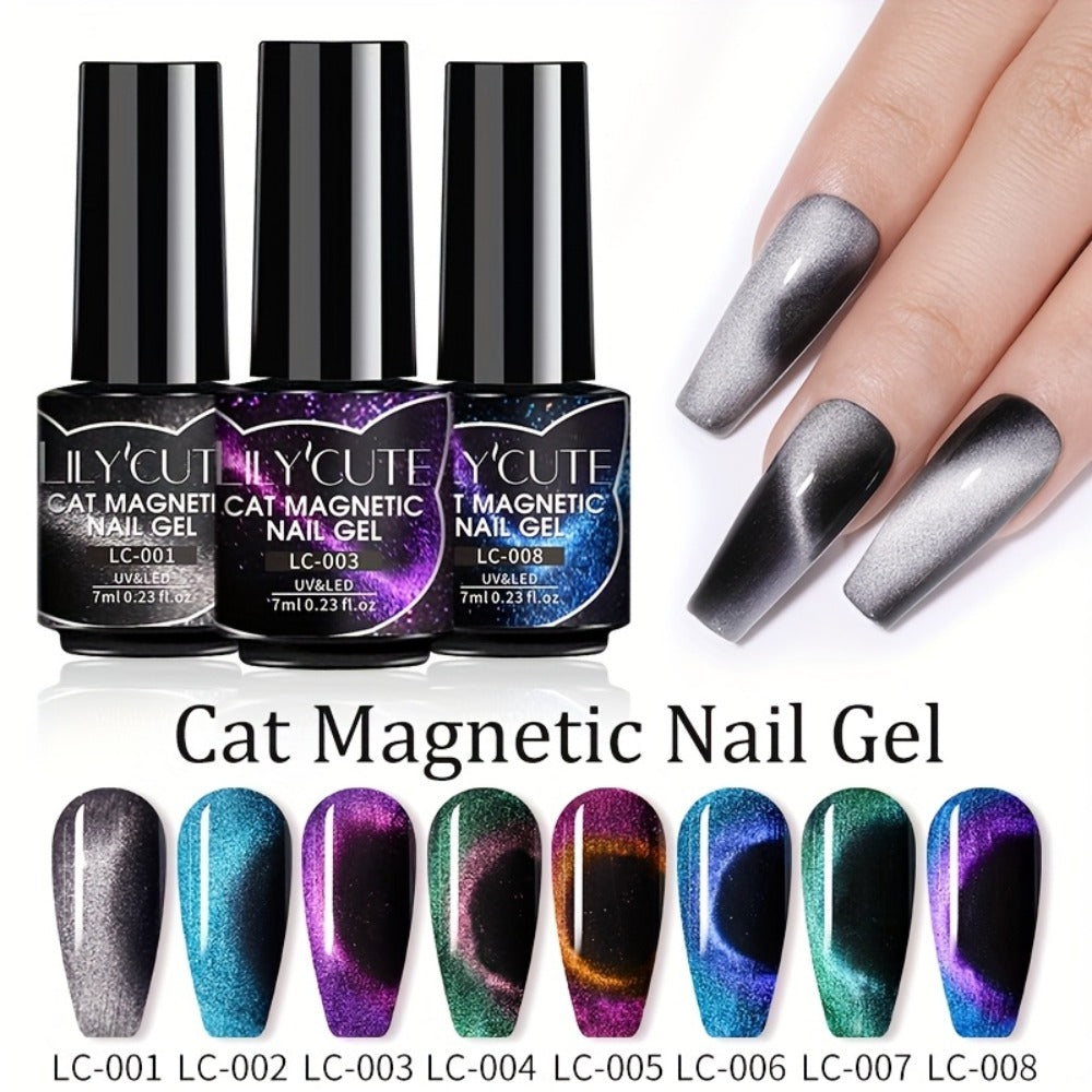 Gel Nail Polish 8-Piece Aurora Magnetic Cat-Eye Set with Black-Crystal Glitter and 3D Light-Shifting Finish for UV/LED Cure