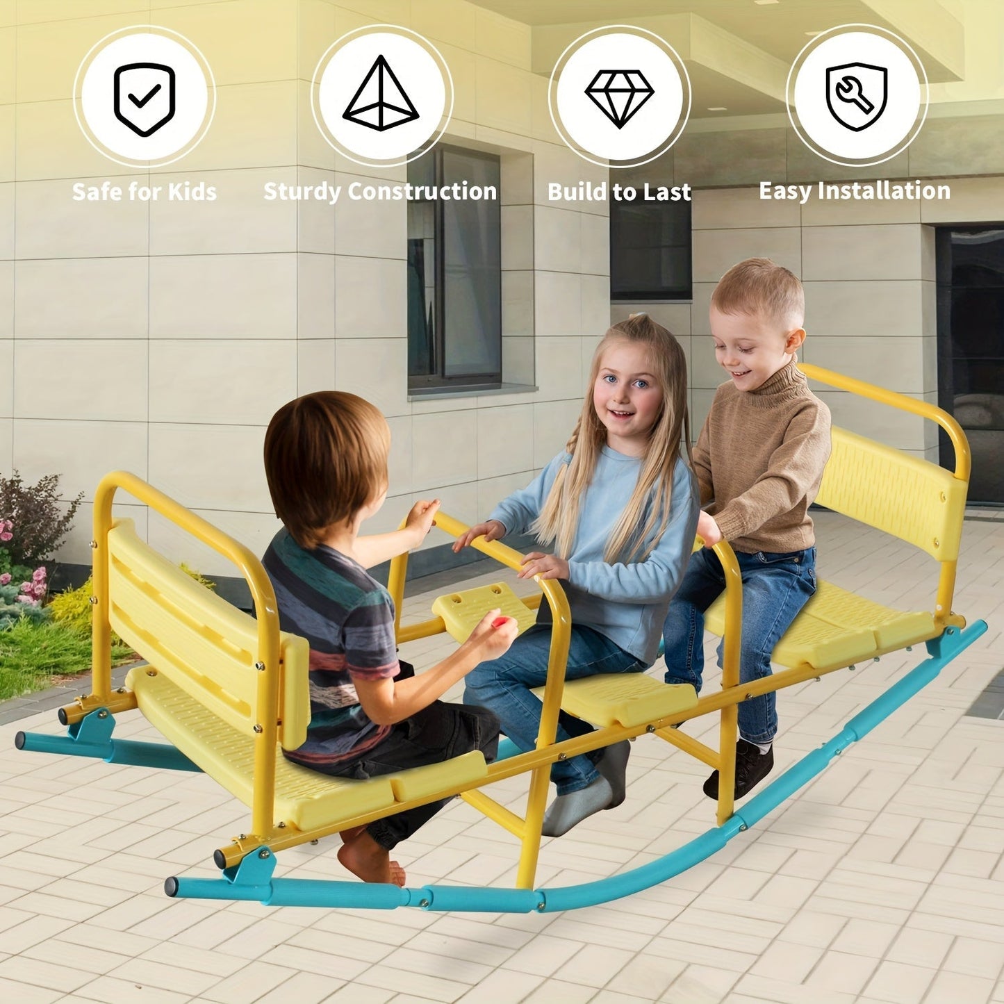 Kids Metal Teeter Totter 2-in-1 Seesaw & Rocker for Boys and Girls – 1 to 3 Person Indoor Outdoor Rocking Seesaw