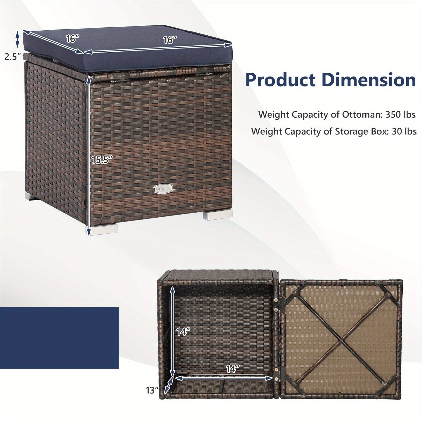 Outdoor Wicker Ottoman Set of 2 with Hidden Storage – PE Wicker Footstools with Detachable Cushions, Side Table & Extra Seating for Patio