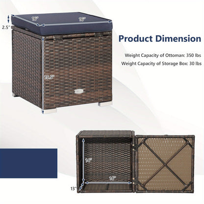 Outdoor Wicker Ottoman Set of 2 with Hidden Storage – PE Wicker Footstools with Detachable Cushions, Side Table & Extra Seating for Patio