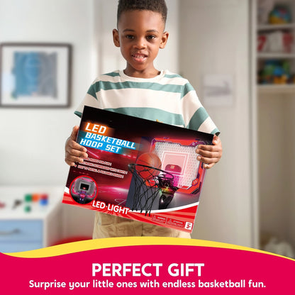 Indoor Basketball Hoop for Kids Over the Door, Light Up LED Scoreboard 4 Balls Air Pump 3 Game Modes 7 Light Shows