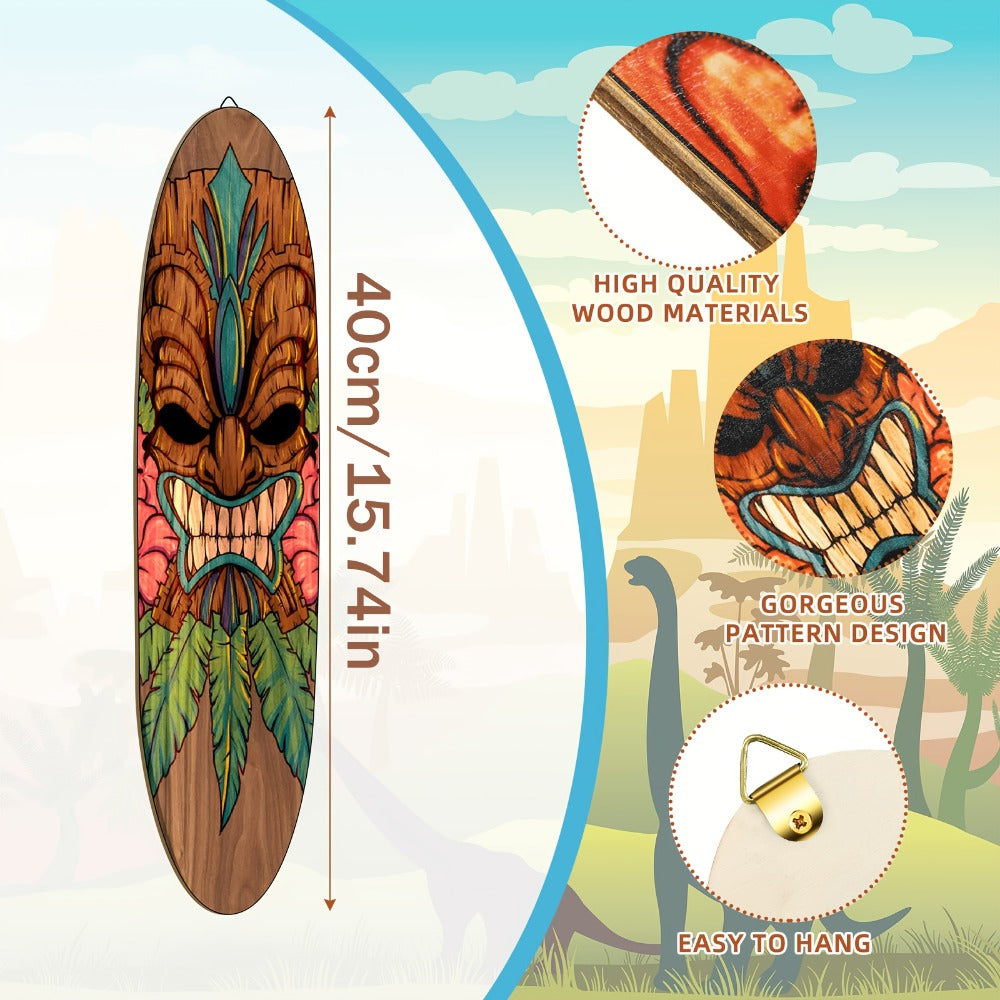 Wooden Surfboard Wall Art 15.74", Rustic Tropical Beach Decor with Hibiscus & Tiki Mask Design