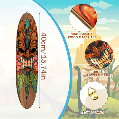 Wooden Surfboard Wall Art 15.74", Rustic Tropical Beach Decor with Hibiscus & Tiki Mask Design