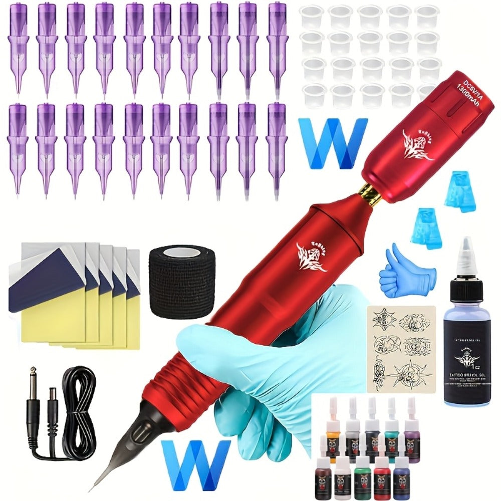 Rotary Tattoo Machine Kit 67pcs, Complete Wireless Tattoo Pen Set with Cartridge Needles, Power Supply