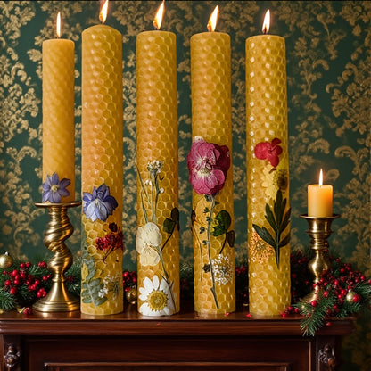 Floral Cone Candle Holders Set of 4, 10-Inch Decorative Beeswax Taper Candles for Holiday Parties