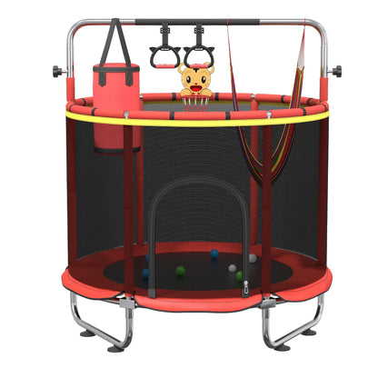 60 Inch Trampoline with Enclosure and Gymnastics Bar, Height Adjustable Indoor Outdoor Round Trampoline with Toys for Kids