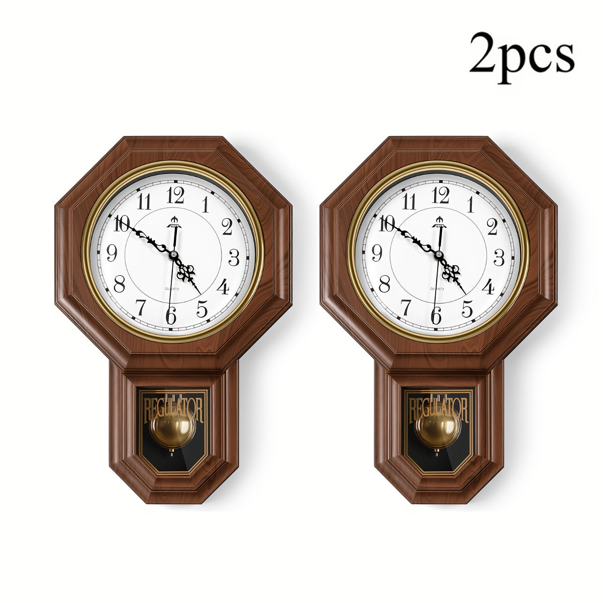 Two-Piece Octagonal Pendulum Wall Clock Set with 30 x 45 cm Frame and Brown or Mahogany-Colored Finish