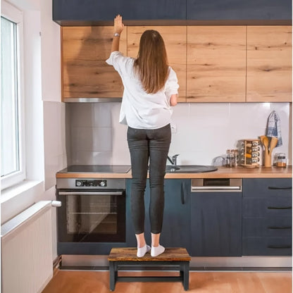 Step Stool Ladder Steel Wood Frame Single Step for Adults Bedroom Kitchen Bathroom Small for Home Cooking, Dining and Outdoor Meals