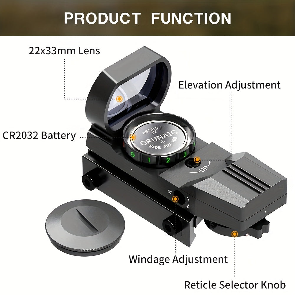 Red Green Dot Sight 33mm with 4 Reticle Modes – Dual Illuminated Rifle Scope, 1x Magnification, 1 MOA Adjustment