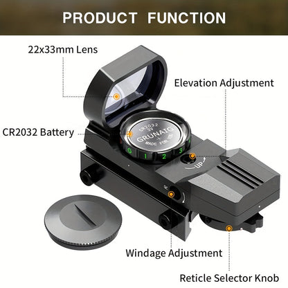 Red Green Dot Sight 33mm with 4 Reticle Modes – Dual Illuminated Rifle Scope, 1x Magnification, 1 MOA Adjustment