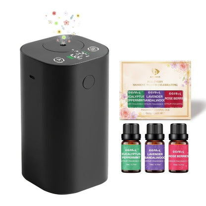 Waterless Essential Oil Diffuser with Four Mist Levels, 1–6 Hour Timer and Silver or Black Oil Bundles