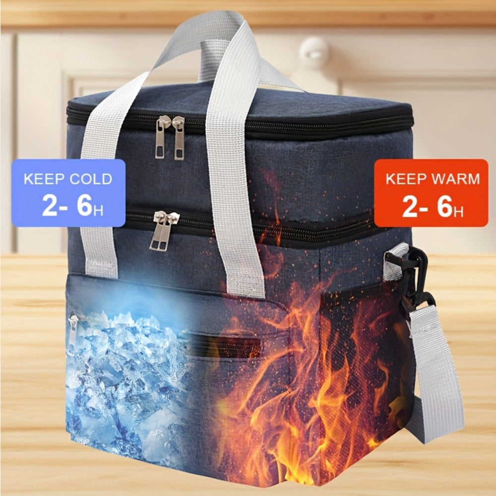 Double-Layer Lunch Bag Tote with Upper and Lower Compartments, Shoulder Strap and Four Colors