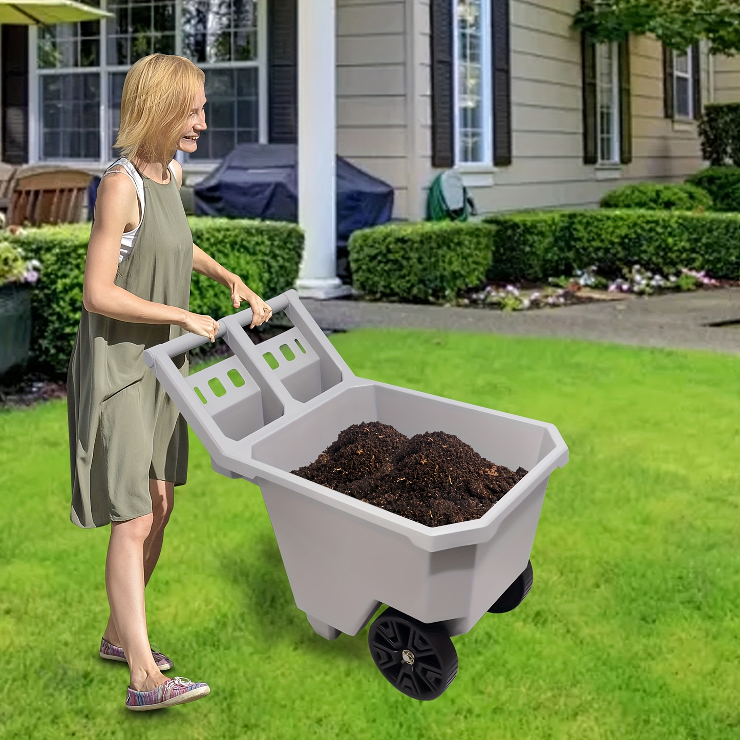 Wheelbarrow 2-Wheel Yard Cart, Push Pull Design with 9-Inch Solid Wheels, Trash & Garden Cart, Gray