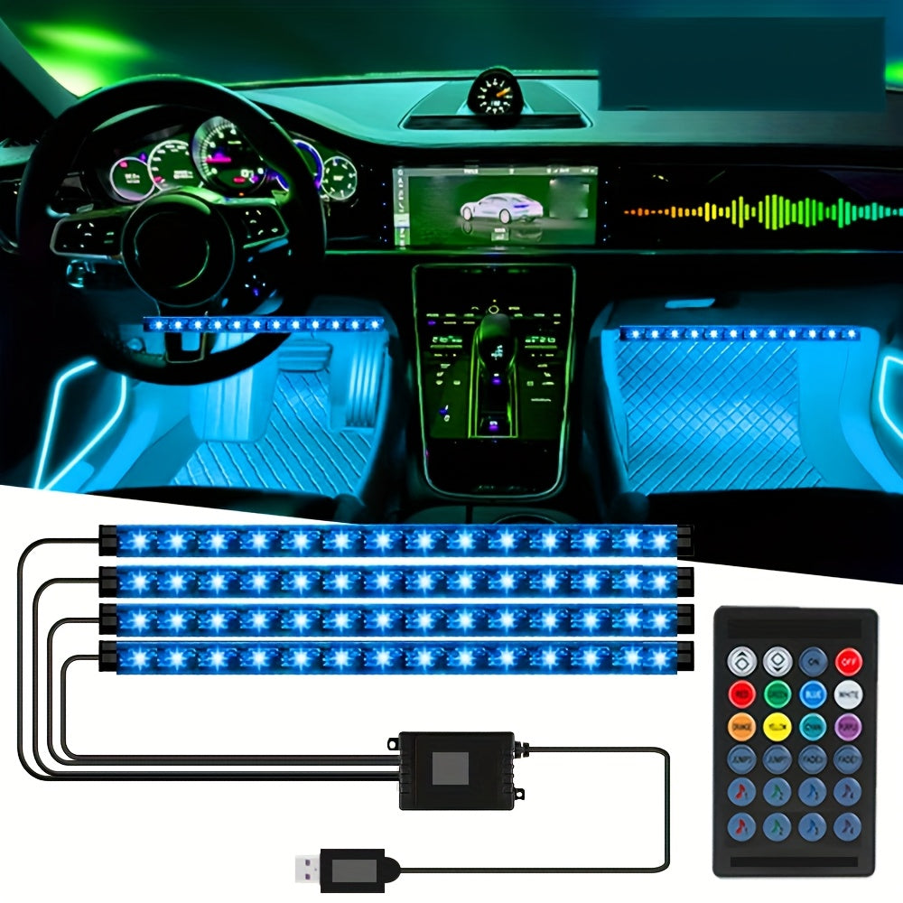 Car Interior Ambient Lighting Kit with Four Checkout Configurations, App-Button Control and Fiber-Style Strips