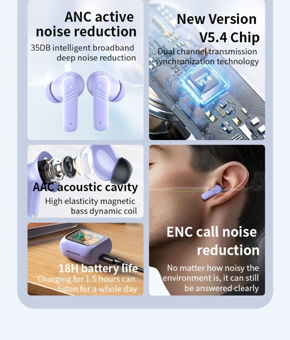 Wireless Earbuds Bluetooth 5.4 with ANC and ENC, LED Touchscreen Case and Black or White Options
