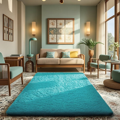 Area Rug Fluffy Faux-Fur Shag in Solid, Tie-Dye and Ombre Colors with Six available Room Sizes