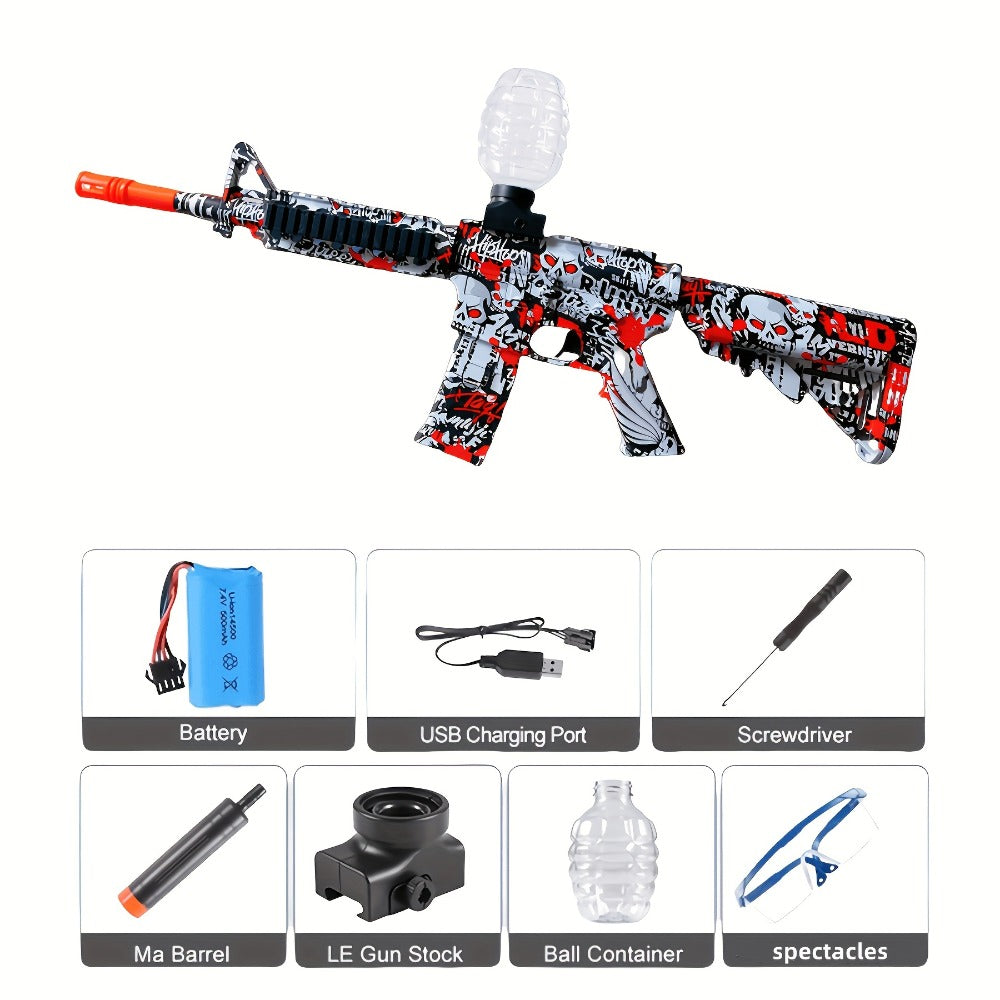 Red-White-and-Black Rifle-Style Electric Gel Blaster Set with Hopper, Stock, Barrel, Goggles and USB Cable