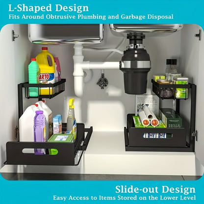 Under Sink Organizer Pull Out, 2-Tier Slide Out Cabinet Organizer with Adjustable Shelves, Under Sink Storage Rack for Kitchen Bathroom