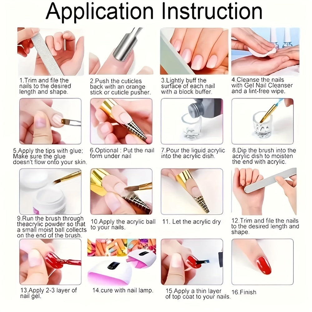 Acrylic Nail Kit 23-in-1 Complete Set with 12 Glitter Colors White & Pink Powder – DIY Nail Extension System No Glue No Liquid Needed
