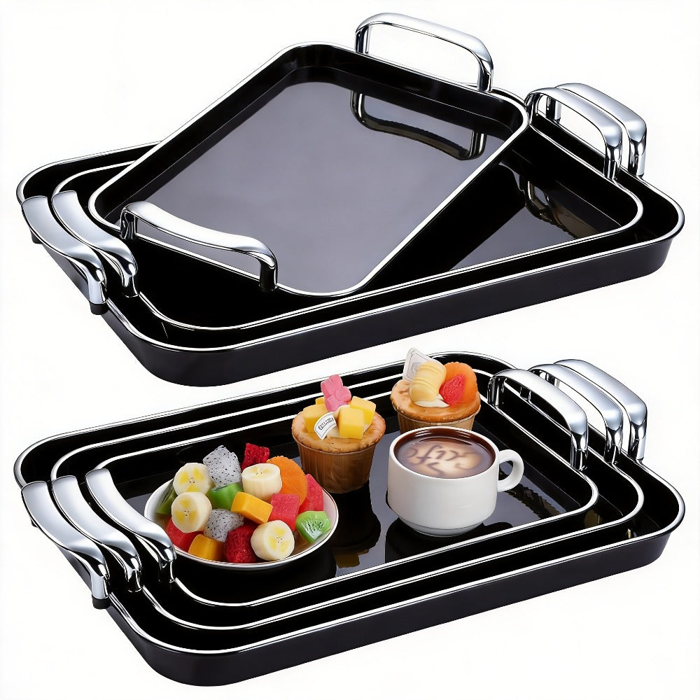 3-Piece Rectangular Serving Tray Set with Handles, Plastic Food Trays for Parties, Dinners & Gatherings