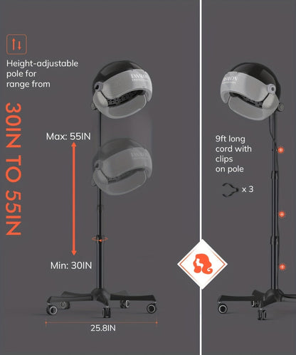 Hooded Hair Dryer 1875W Ionic Standing Bonnet Dryer on Wheels, 3 Heat Settings, Height Adjustable 30-55"