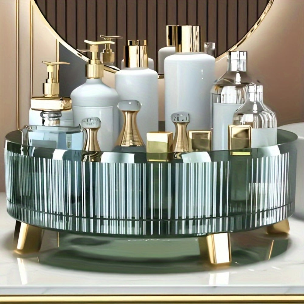 Round Rotating Makeup Organizer Tray with Ribbed Sides and Gold-Tone Feet in White, Green or Orange
