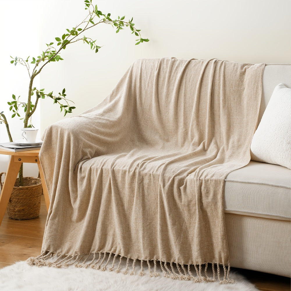 Chenille Fringe Throw Blanket, 180-200gsm Velvety Decorative Throw for Sofa & Couch, Home Decor, 50”×60”