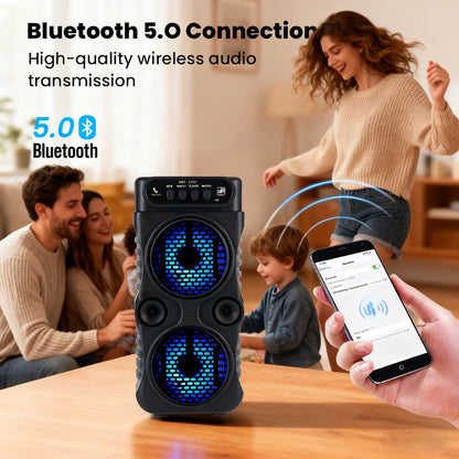 Portable Bluetooth Speaker with Dual 3-Inch Drivers, LED Lights, USB, TF, FM and 3.5mm AUX