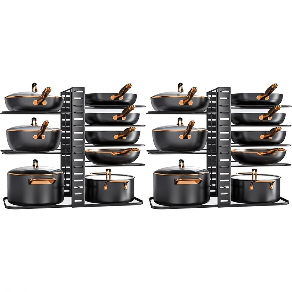 Eight-Tier Pot and Pan Organizer Rack in Black with Side Cookware and Lid Positions, One- or Two-Piece Sets
