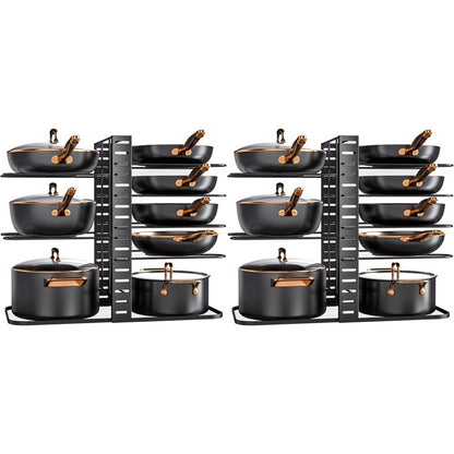 Eight-Tier Pot and Pan Organizer Rack in Black with Side Cookware and Lid Positions, One- or Two-Piece Sets