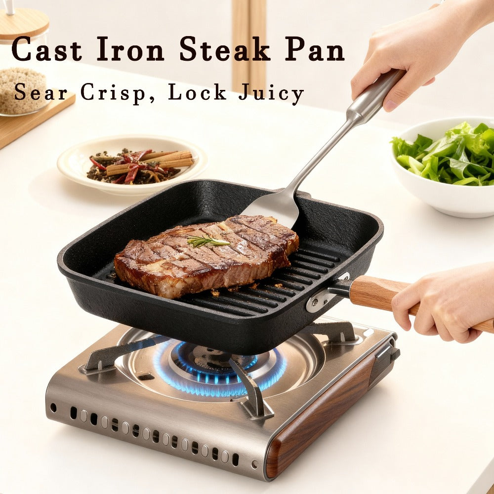 Cast Iron Grill Pan with Non-Stick Surface & Striped Design, Thick Wooden Handle Skillet for Steak