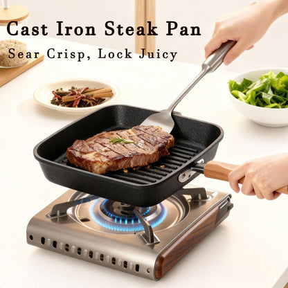 Cast Iron Grill Pan with Non-Stick Surface & Striped Design, Thick Wooden Handle Skillet for Steak