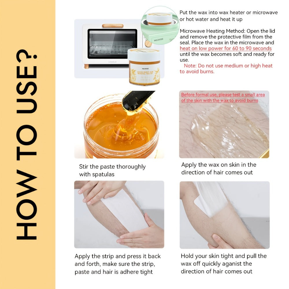 Sugar Wax Hair Removal Kit 300g – Gentle Soft Wax with Strips & Sticks for Body Hair Removal, Lemon or Activated Carbon Formula