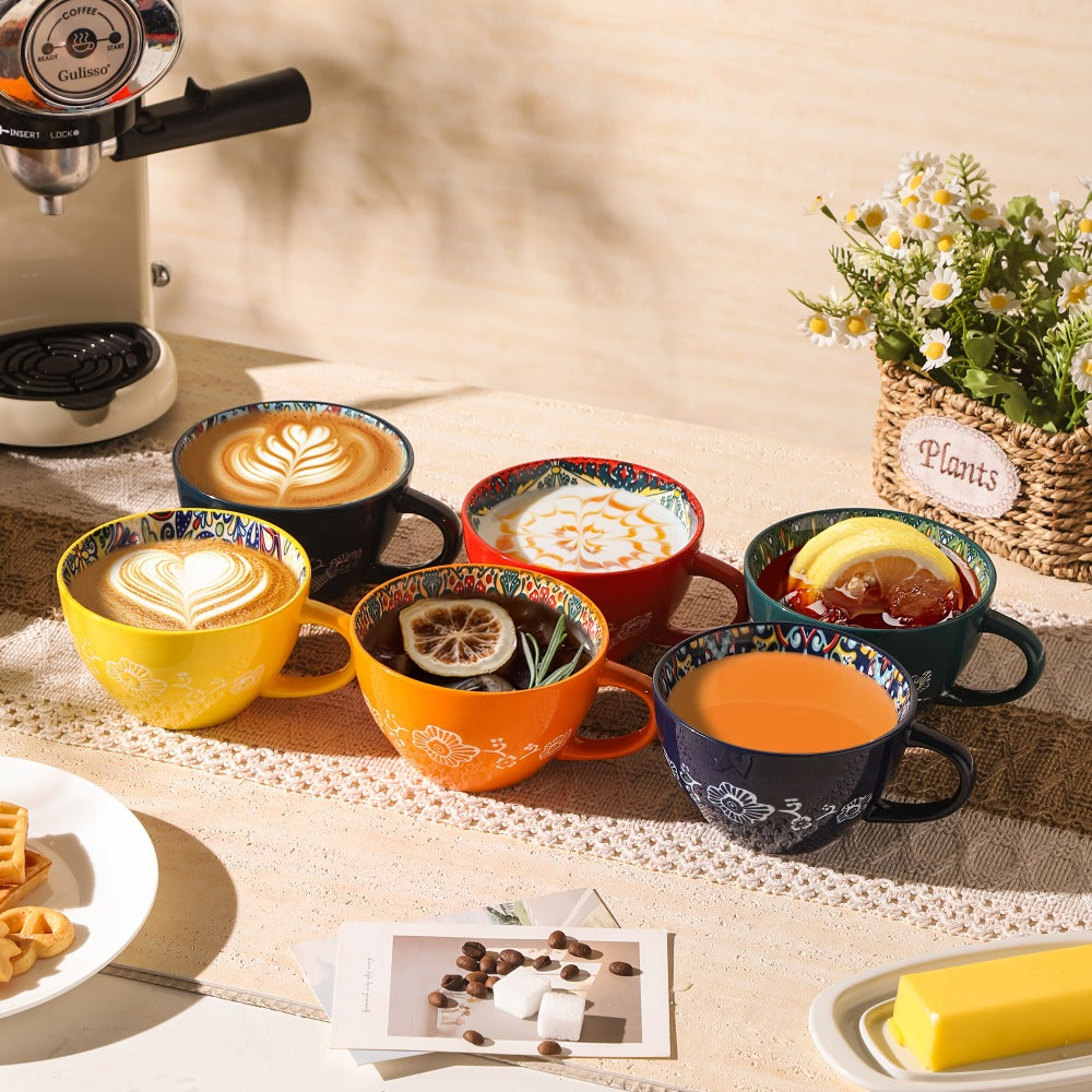 Six-Piece Colorful Patterned Coffee Mug Set with Wide Bowl Shape and 14-Ounce Image Marking