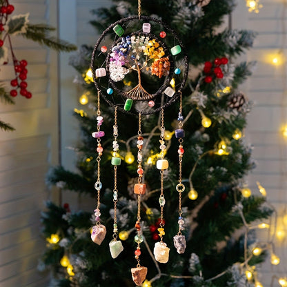 Crystal Wind Chime Suncatcher with Life Tree Pendant - Handmade Bohemian Shattered Stone for Entryways, Bedrooms and Living Spaces