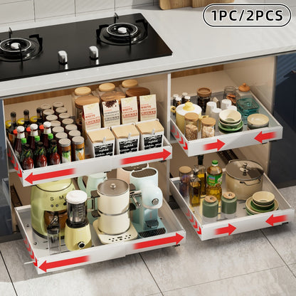 Expandable Pull-Out Cabinet Shelf with Adjustable Width, 16.5- or 21-Inch Depths and Black or White Pack Options