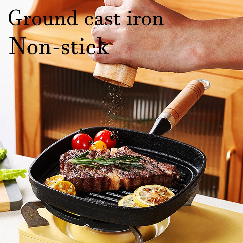 Cast Iron Grill Pan with Non-Stick Surface & Striped Design, Thick Wooden Handle Skillet for Steak
