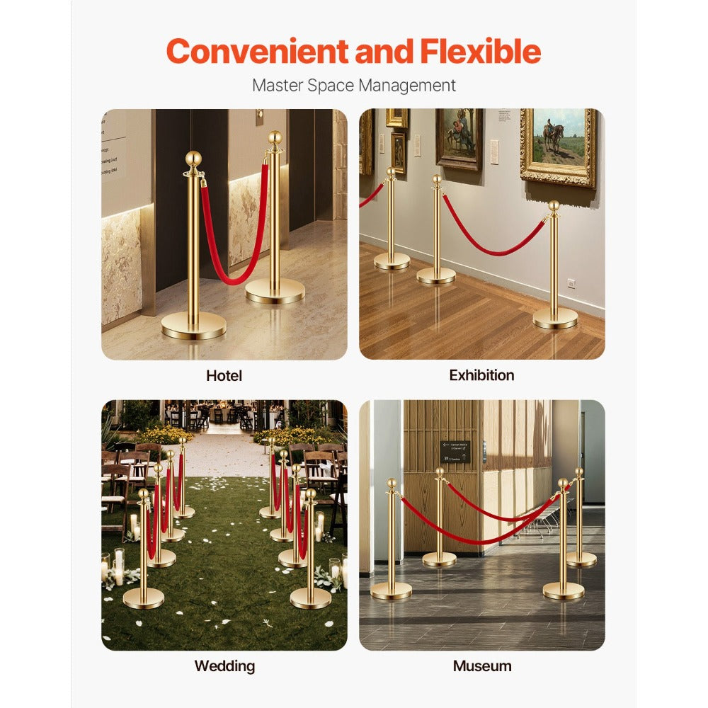 Stanchion Posts with Red Velvet Rope Set – Gold Crowd Control Barrier, for Home, Office and Event Organization