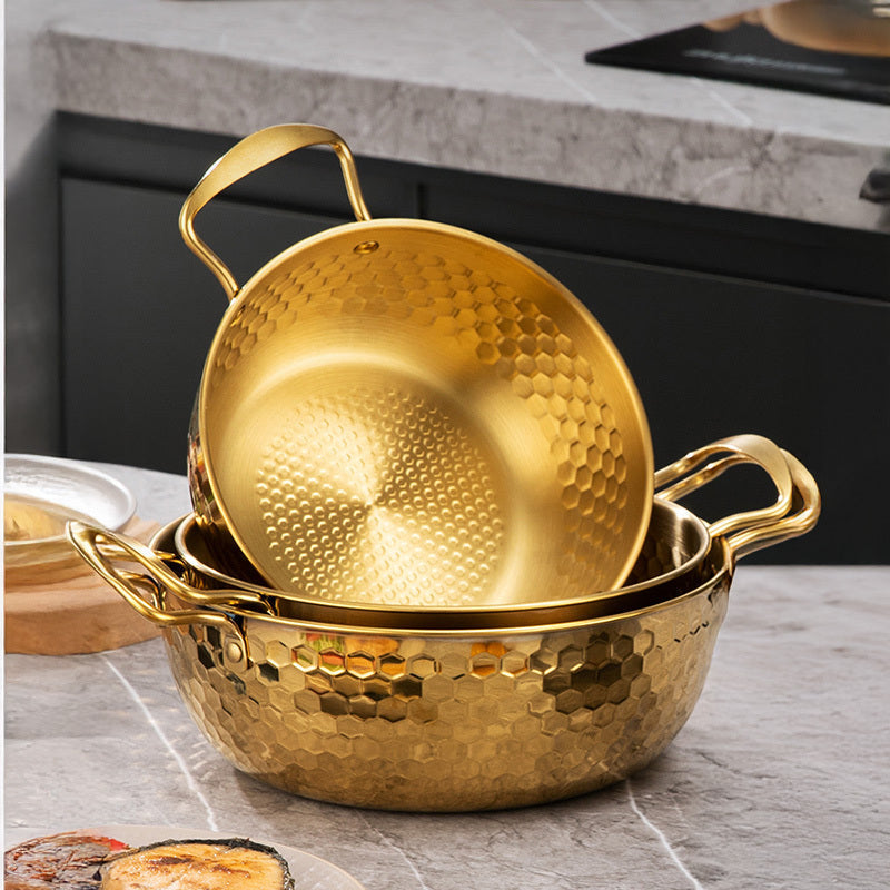 Hammered Gold-Tone Stainless Steel Ramen Pot Set with Three Lidded Sizes and Dual Loop Handles