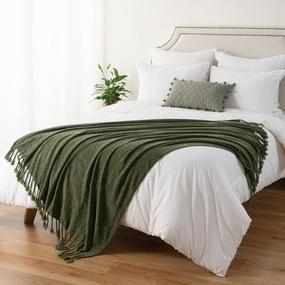 Chenille Fringe Throw Blanket, 180-200gsm Velvety Decorative Throw for Sofa & Couch, Home Decor, 50”×60”