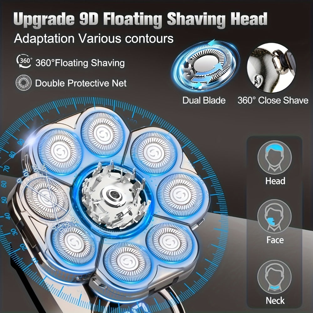 9D Floating Head Electric Razor for Bald Men 5-in-1 Grooming Kit Beard Trimmer Nose Hair Trimmer Facial Cleanser Body Groomer USB