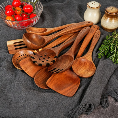 Kitchen Utensils 10-Piece Teak Wood Spoon and Spatula Set with Thickened, Basic and Shovel Configurations