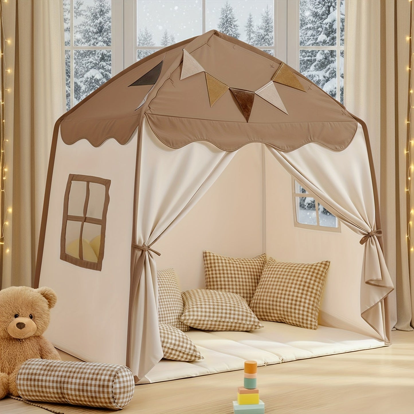 Kids Play Tent with Star Lights & Flags, Extra Large Indoor Outdoor Playhouse with Windows for Reading & Pretend Play