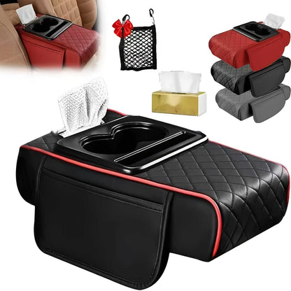 Center Console Armrest Organizer with Two Cup Holders, Tissue Slot, Side Pockets and Eight Color or Trim Options