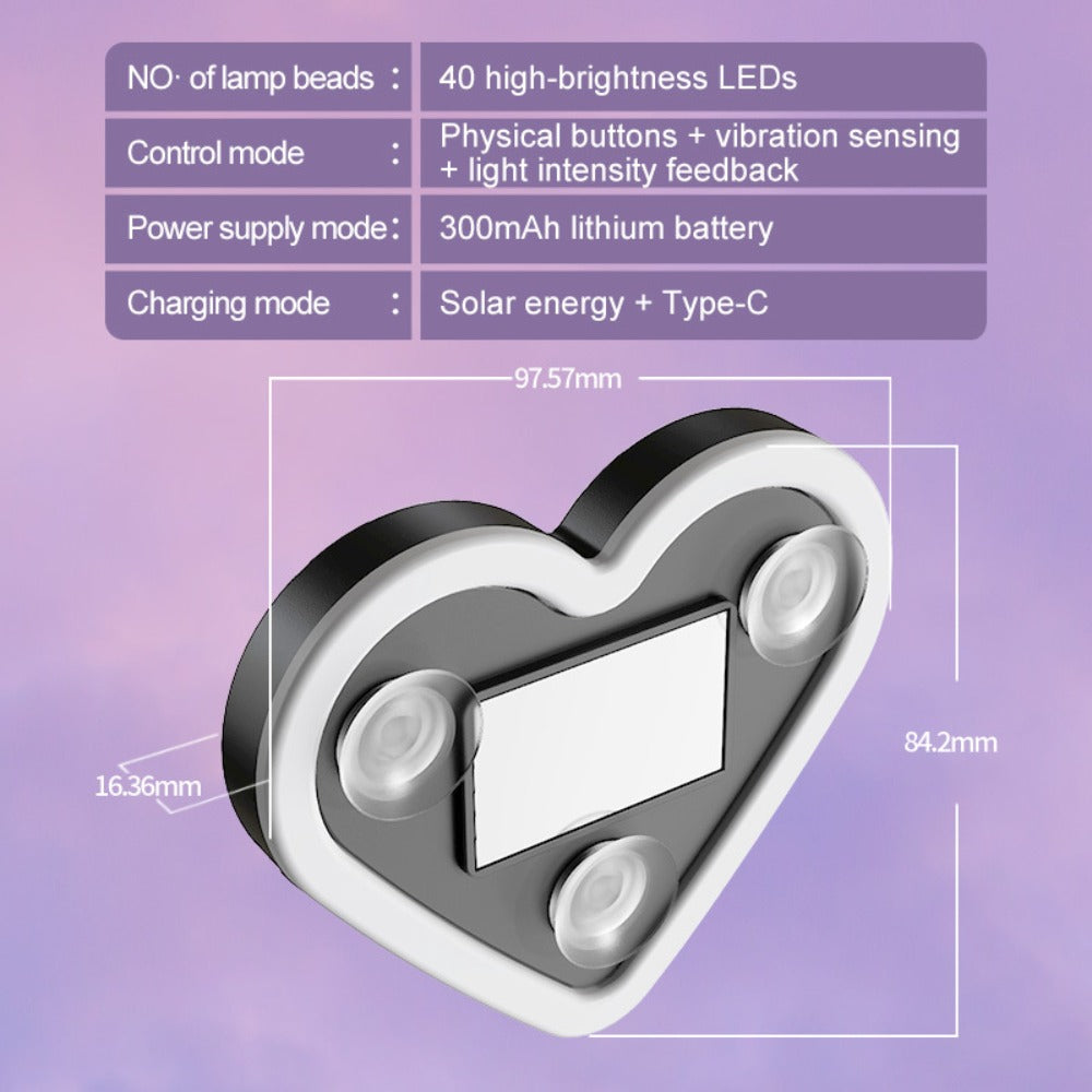 Car Interior Neon Heart Lights Solar USB Rechargeable 5 Lighting Modes Vibration-Sensing Auto On/Off Dashboard Decoration for Cars Trucks