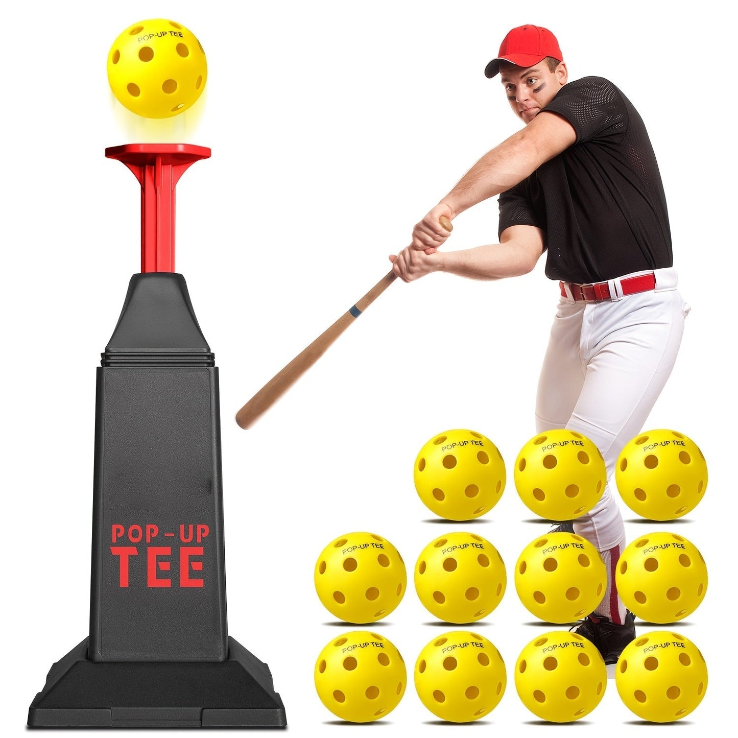 Baseball Softball Hitting Tee with Popper & 12 Mini Balls | Launches Up to 40 Inches High | No Battery Required | Kids Youth Batting